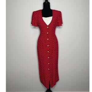 Red Polka Dot Midi Dress 50s Inspired Rockabilly Pin Up Fit & Flare XS S